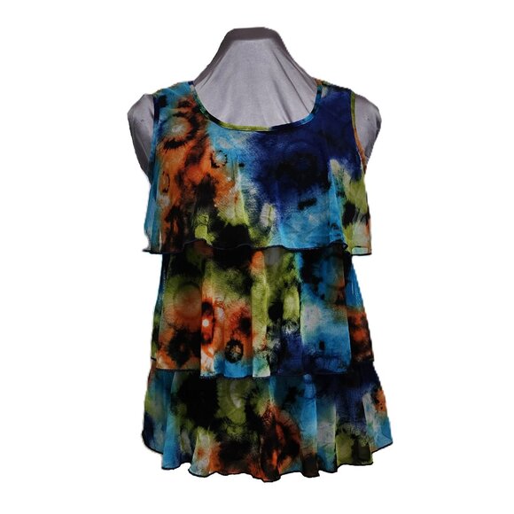 Tie Dyed Ruffled Tiered Sleeveless Blouse - Picture 1 of 7